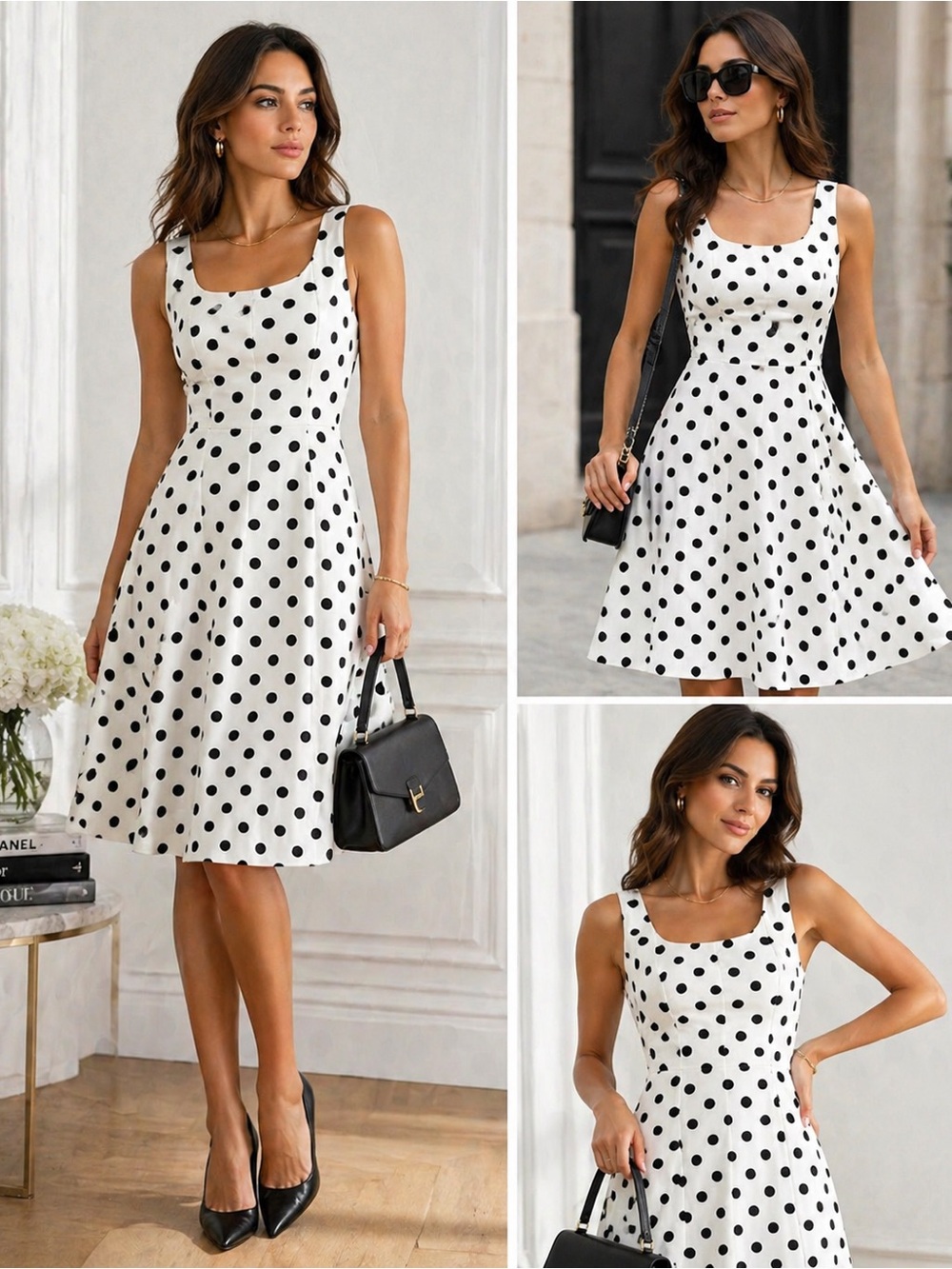 Chetta B White Polka Dot Midi Dress with Black Dots